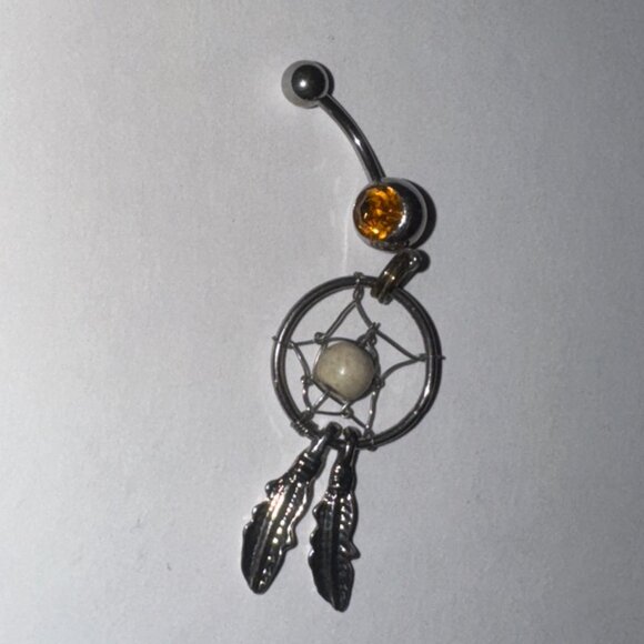 Topaz Orange gem with Cream bead Dream Catcher Dangle Belly Ring - Picture 4 of 11